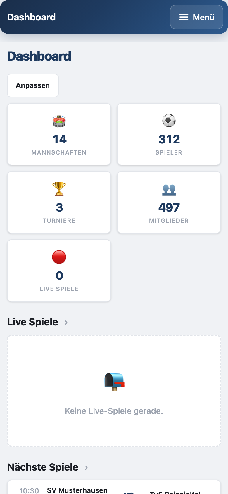 Das Verwaltungs-Panel am Handy: Dashboard mit den Kacheln Mannschaften, Spieler, Turniere und Mitglieder