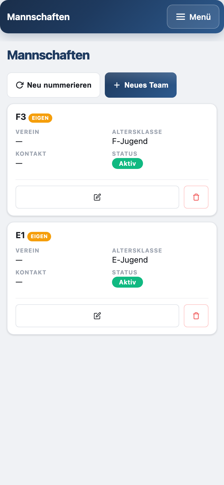 Mannschaften am Handy als Karten mit Altersklasse und Status