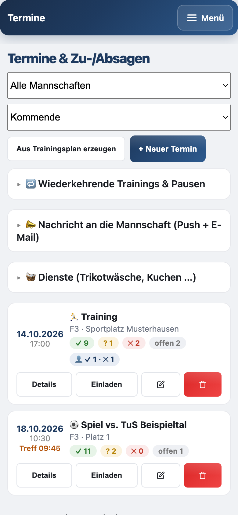 Terminliste am Handy mit den Zählern für Zusagen, Unsicher, Absagen und offen sowie der Treffpunkt-Zeit